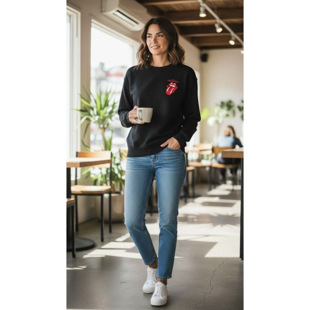 Rolling Stones Women’s Black Sweater Size S Band Logo Graphic Pullover Top#323